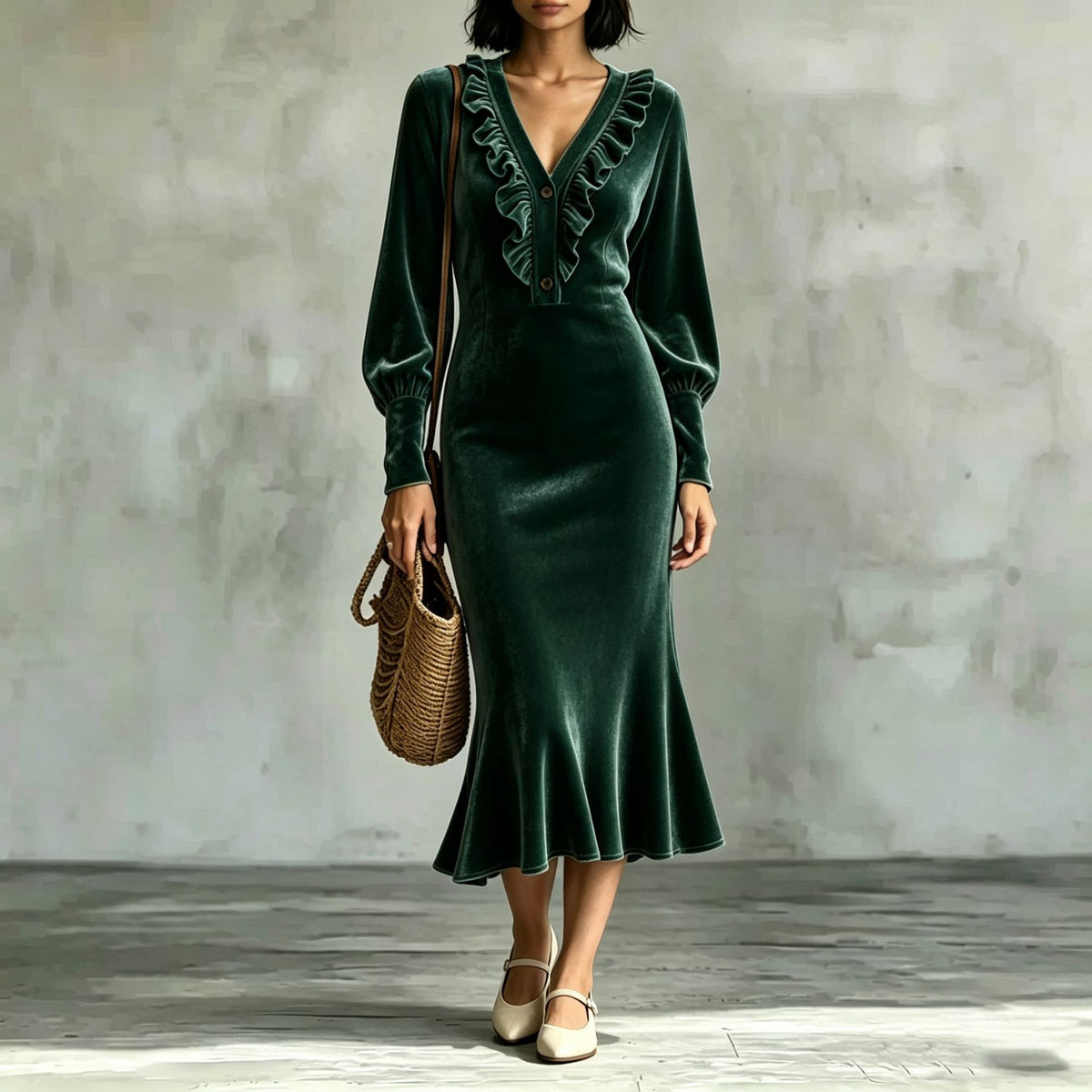 Velvet V-Neck Ruffled Slim Fishtail Dress