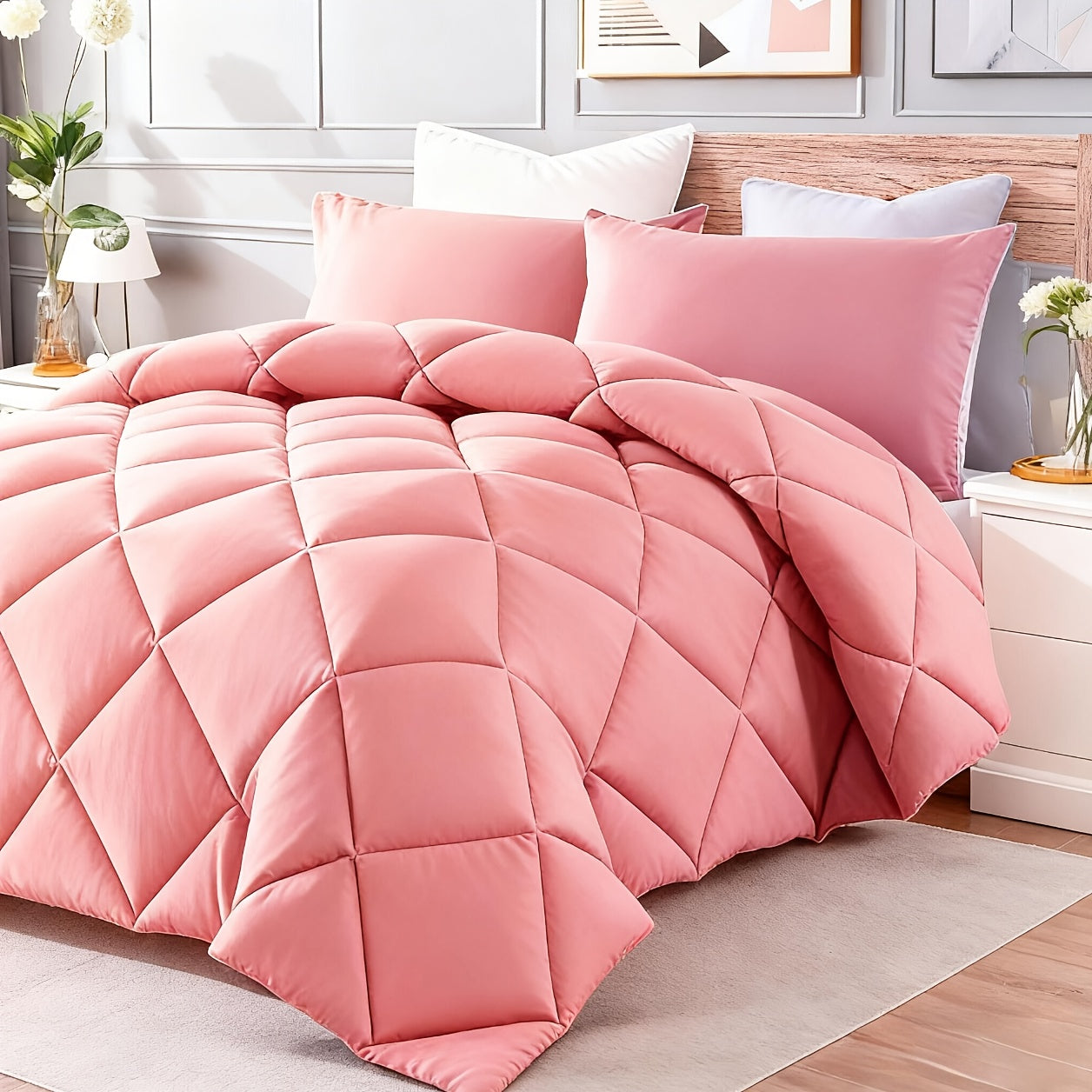 3pcs Solid Colour Checkered Comforter Set - Soft Fabric, Lightweight, All-Season, Twin/Queen/King Size Bed In A Bag, Quilt Set with Breathable Fabric And Easy Care