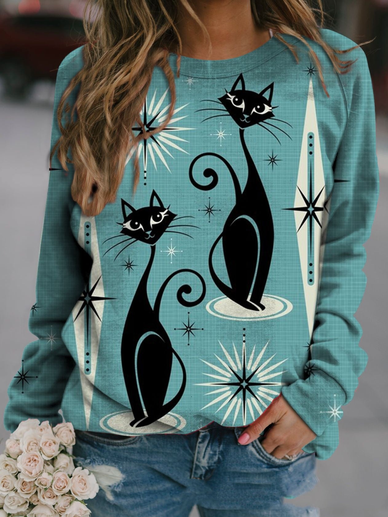 Cute Animal Print Raglan Long-Sleeve Sweatshirt