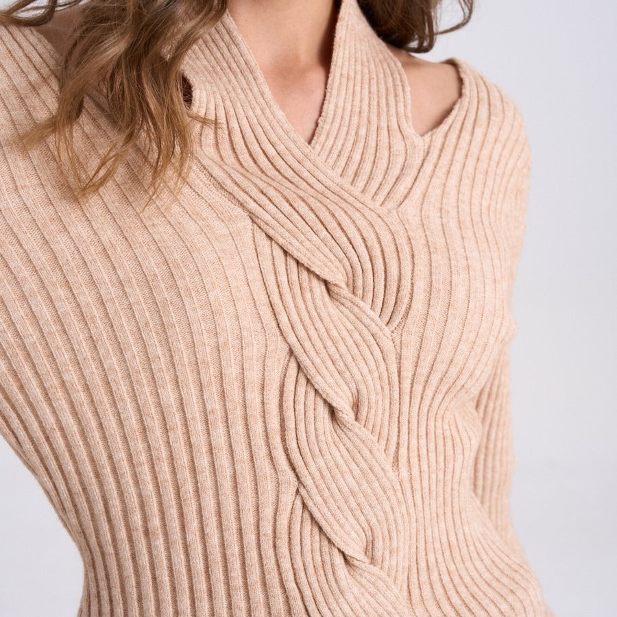 V-neck Cable Knit Sweater Turtleneck Ribbed Long-sleeve Top for Women