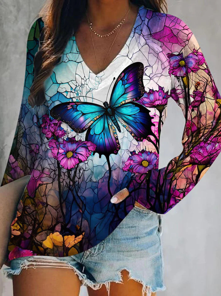 Retro 3D Print V-Neck Tee Casual Vintage Women's Top