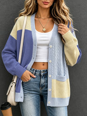 Preppy Style Color Block Knit Cardigan, Ladies Long Sleeve Cable Knit Button Front Sweater Outwear