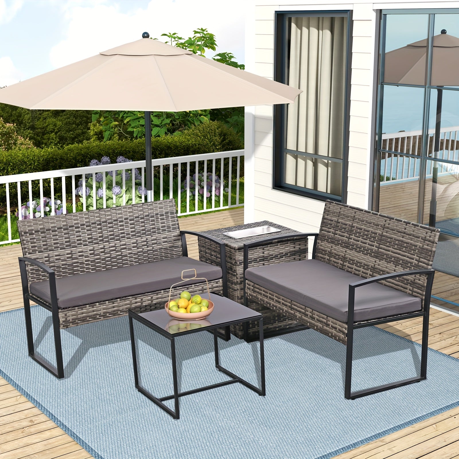 4pcs Outdoor Patio Furniture Set, Rattan Conversation Set Patio Sofa, Storage Box with Built-in Beverage Refrigeration Ice Bucket Box, Outdoor Coffee Table for Garden, Balcony, Porch