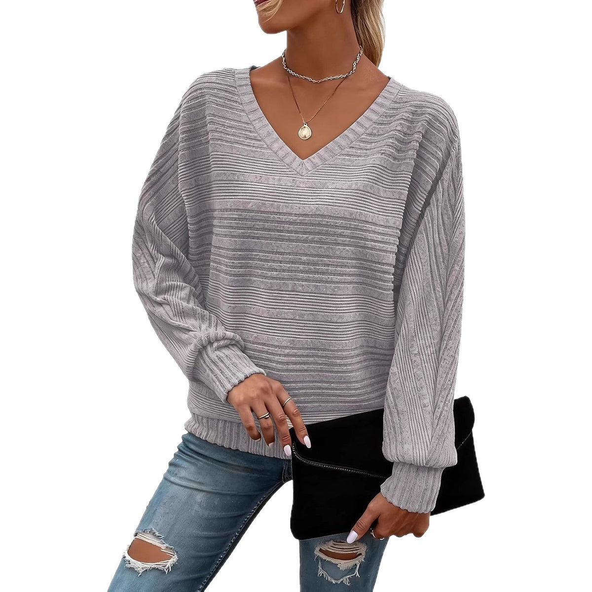 Women's Long-sleeve Casual V-neck Pullover Sweater