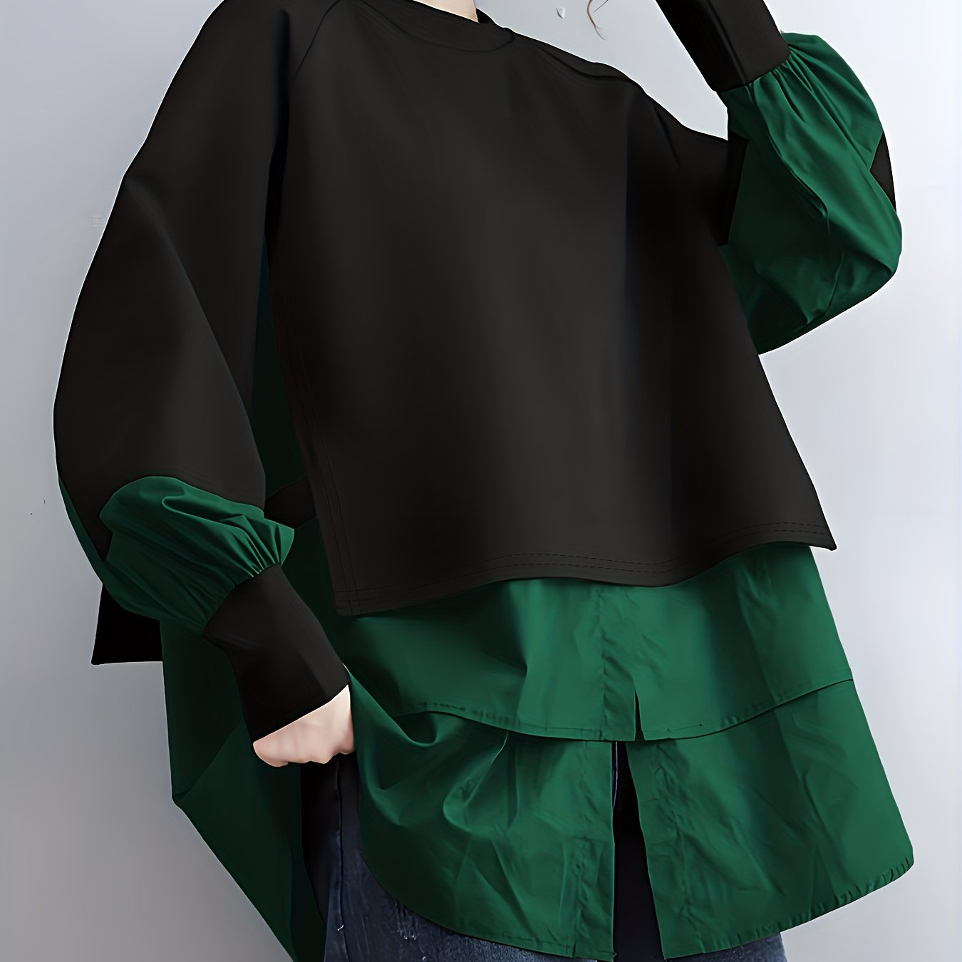 Plus Size Patchwork Long-Sleeve Sweatshirt with Round Neck