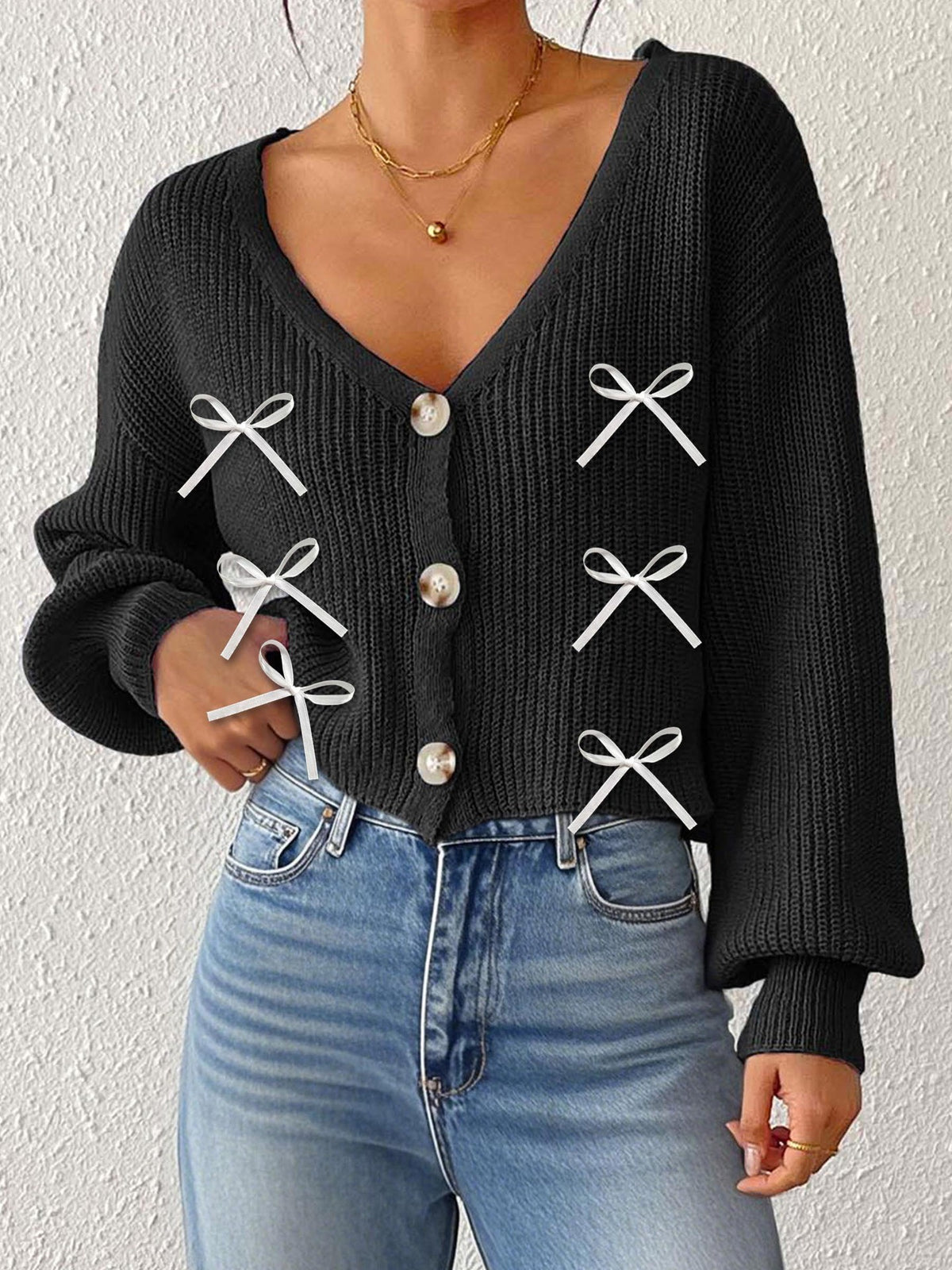 Bow-knot Knitted Cardigan Womens Long-sleeved Sweater Jacket