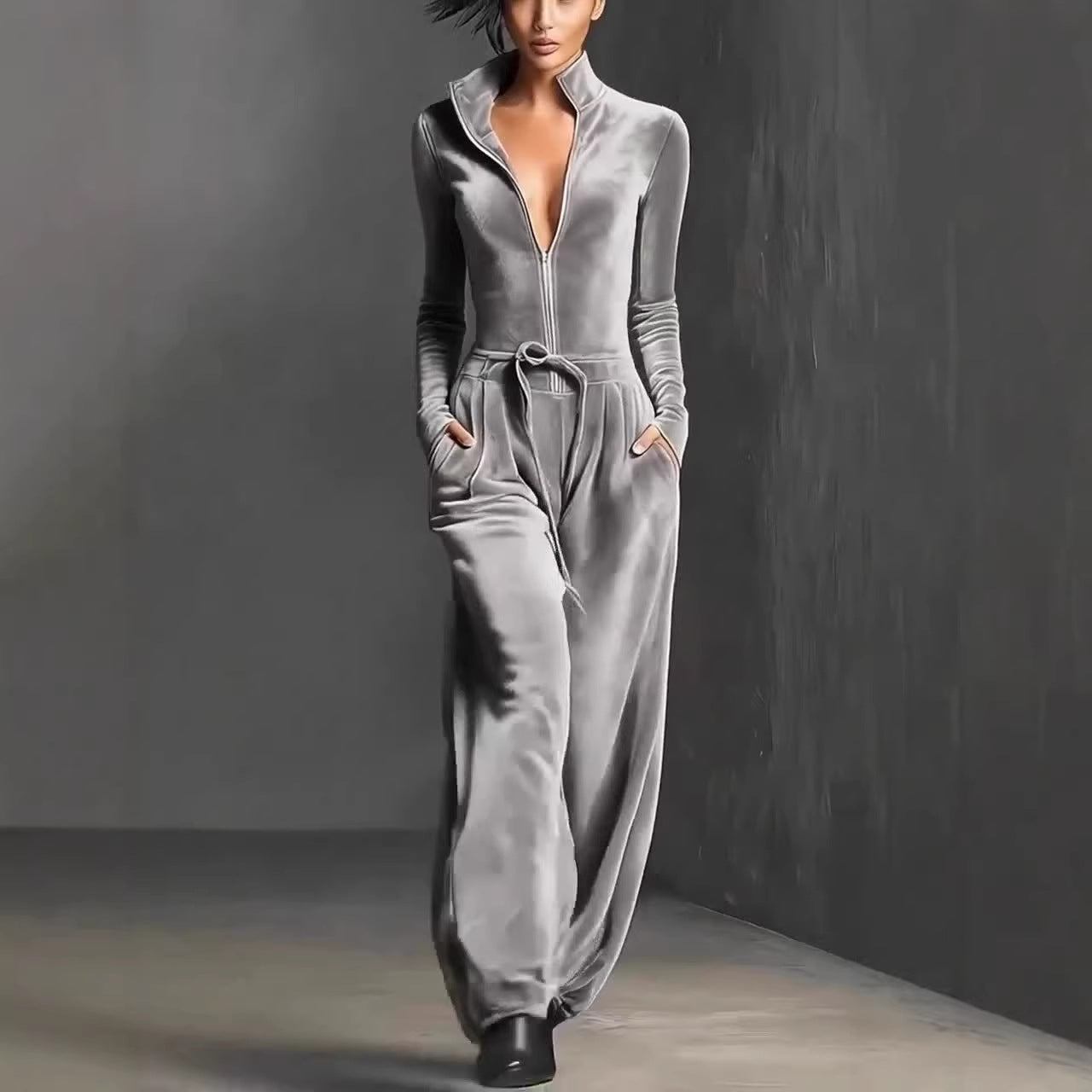 Womens Fashionable Sporty Casual Solid-Color Long-Sleeve Zippered Slim-Fit Jumpsuit