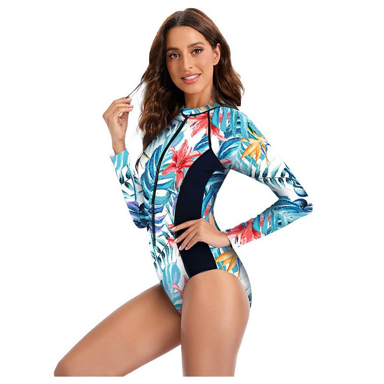 Swimsuit Hot Spring Surfing Diving Zipper Long-sleeve Printed