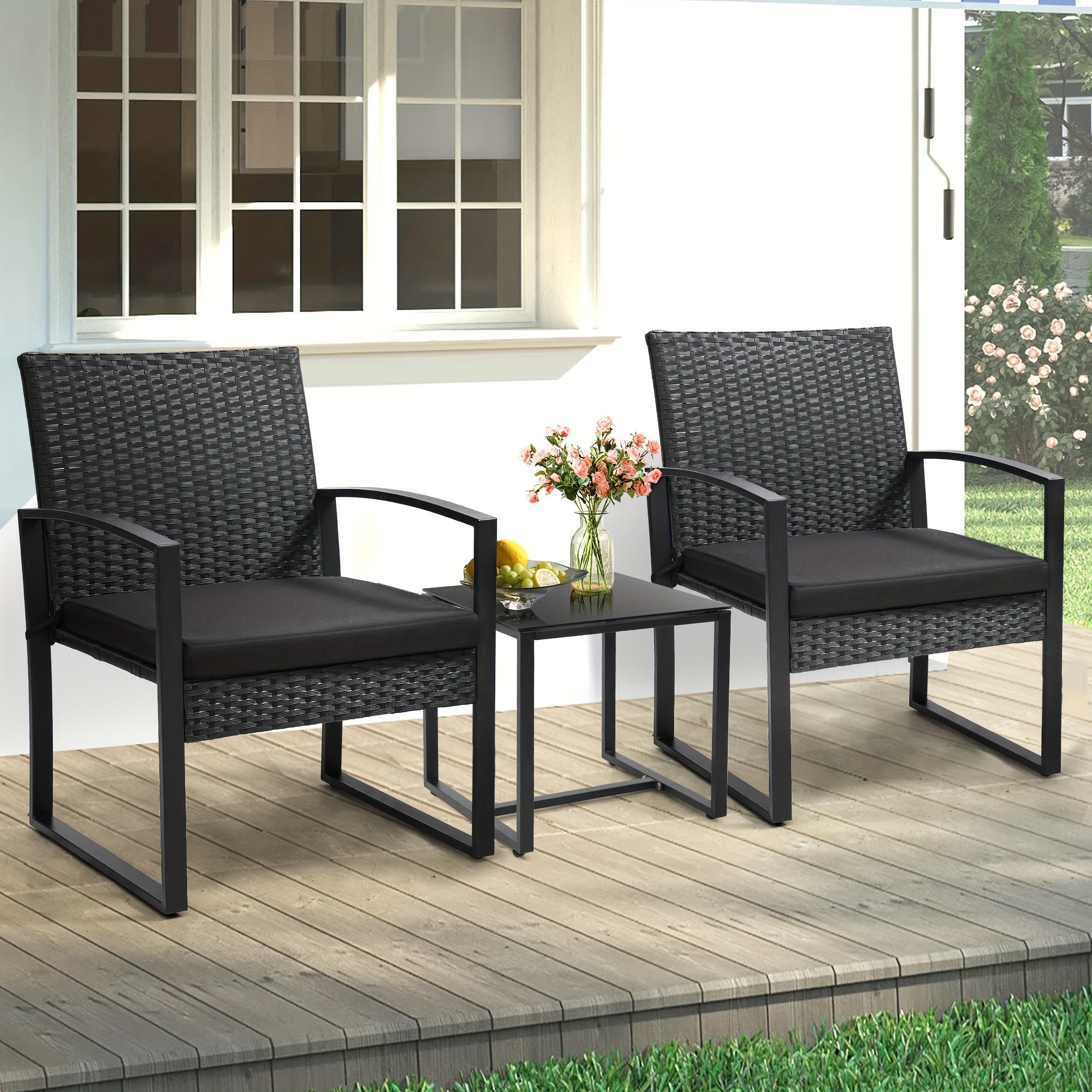 3pcs Rattan Bistro Set, Outdoor Patio Furniture Conversation Set Featuring 2 Chairs And 1 Safety Glass Top Table, with Plush Cushions, on, Perfect for Your Backyard