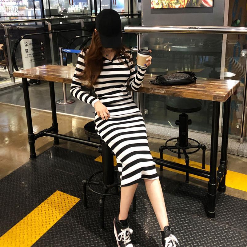 Springautumn Black and White Striped Long Overtheknee Hoodie Dress
