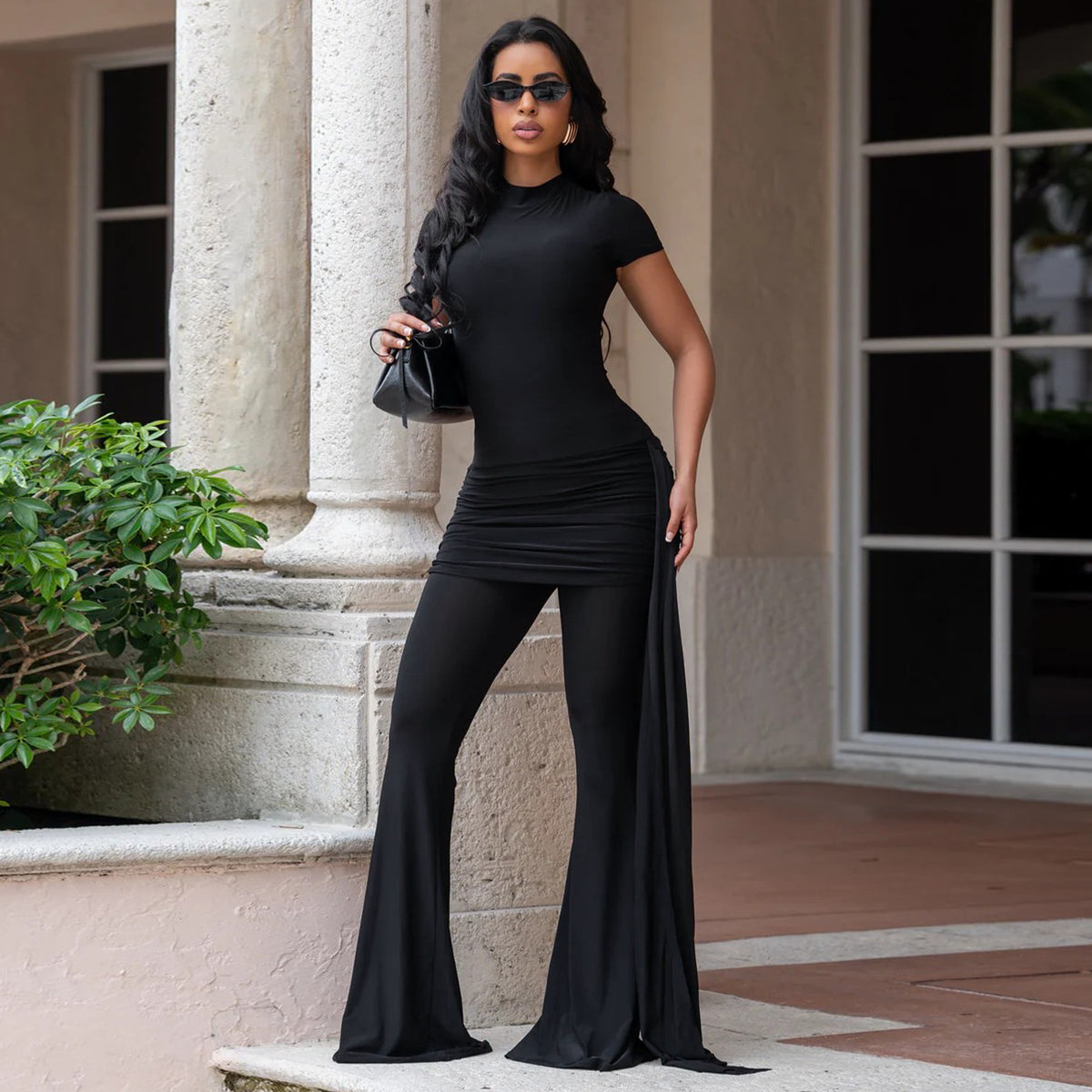 High-Neck Pleated Drawstring Slim-Fit Jumpsuit