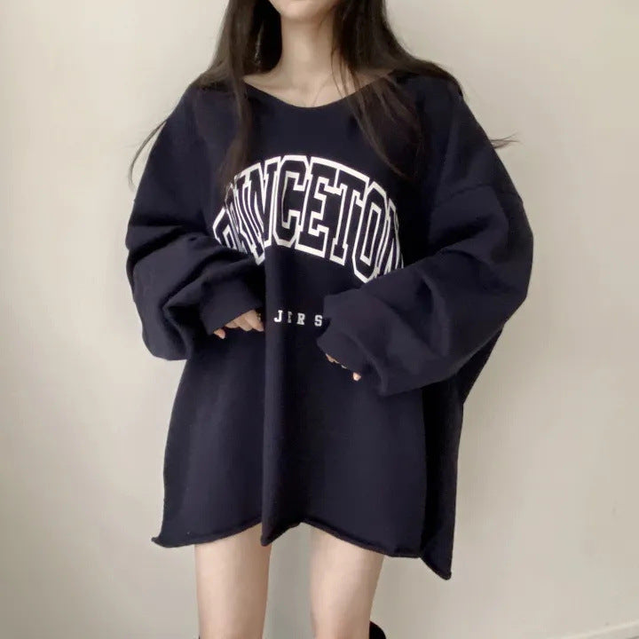 Korean Style Letter Print Loose Hooded Casual Sweater