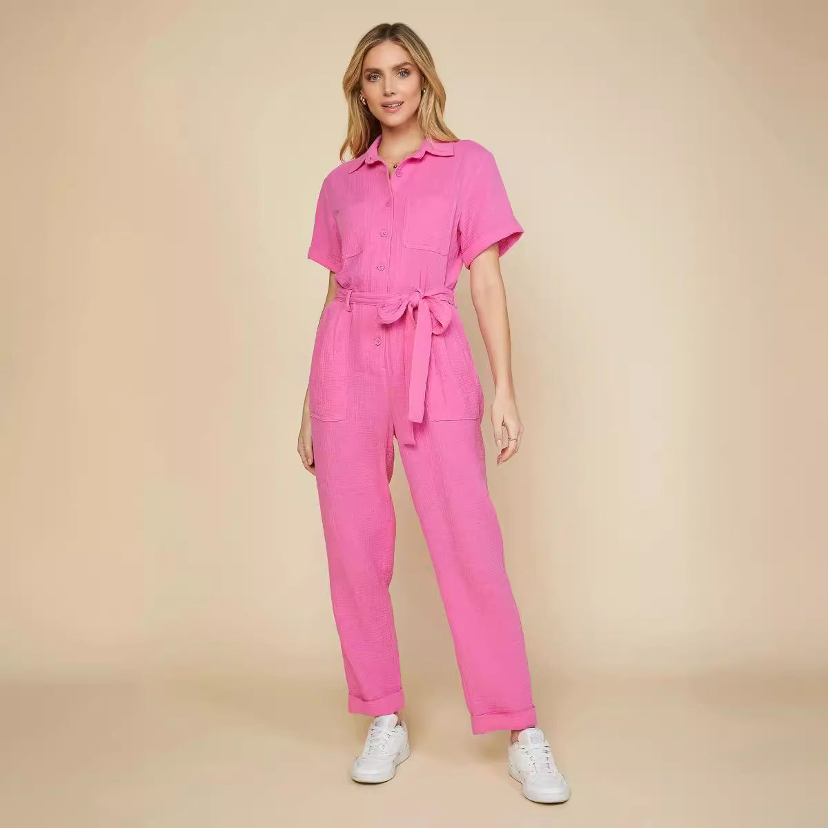 Women's Solid Color Short-Sleeve Straight-Leg Jumpsuit
