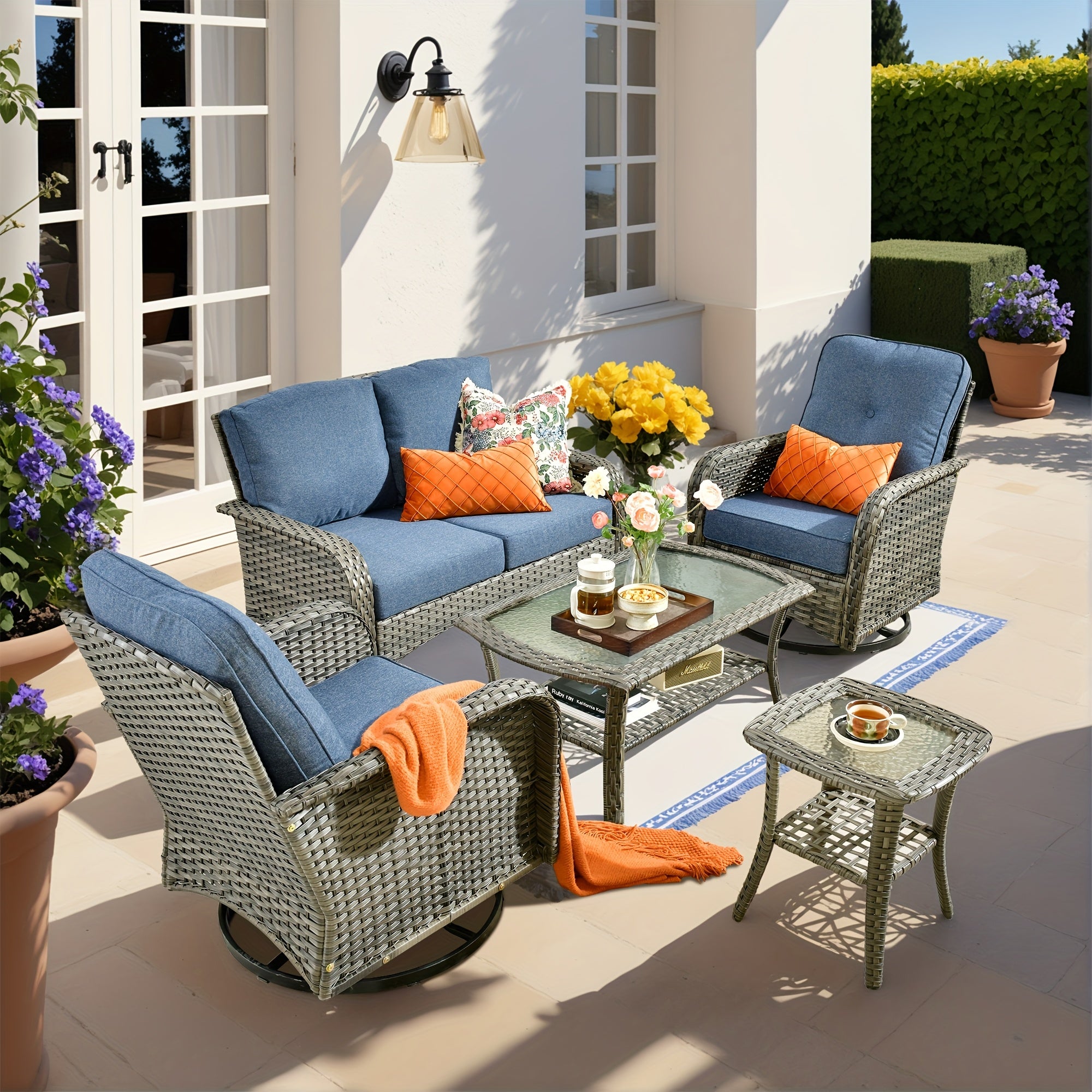 Outdoor Wicker Furniture Collection: Loveseat, Swivel Rocking Chairs, Patio Chairs, Rectangular Table, And Optional Side Table. Made with PE Rattan, Suitable for Patio, Backyard, Pool, Or Garden