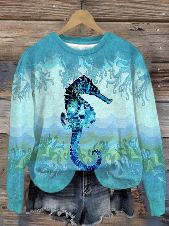 Trendy Digital Print Drop-Shoulder Long-Sleeve Sweater