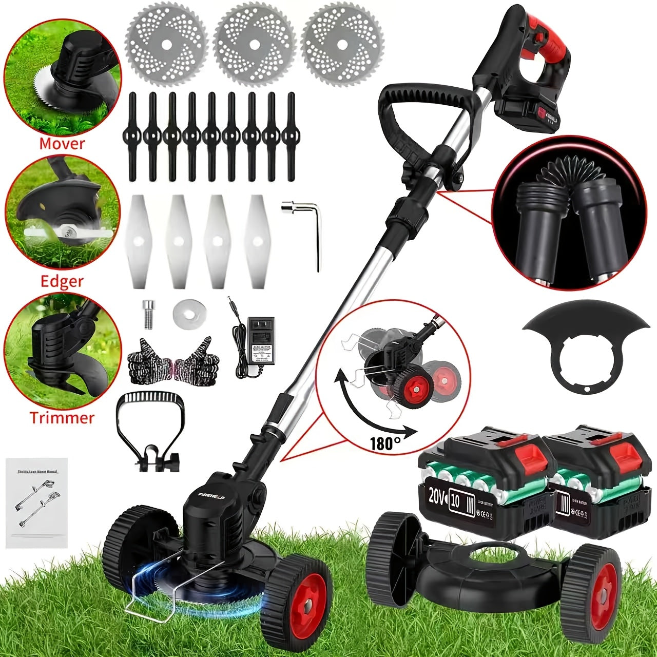 Cordless Electric Lawn Mower and Trimmer Set – Portable, 3 Blade Types, High-Capacity Lithium Battery