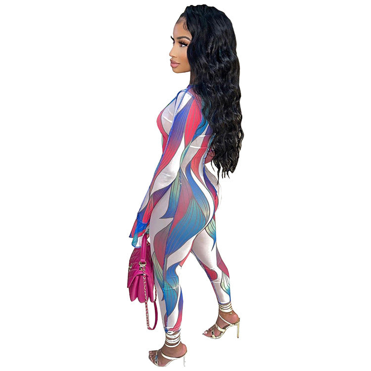 Women's Chic Printed Long-Sleeve Jumpsuit