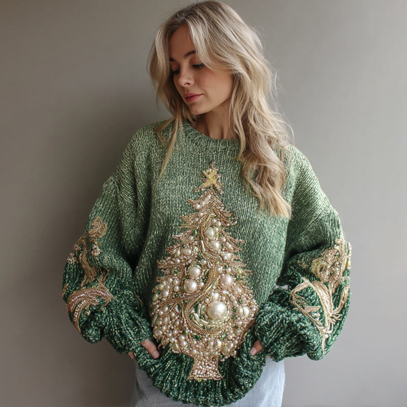 Womens Loose-fitting Pullover Sweater with a Round Neck and Floral Print