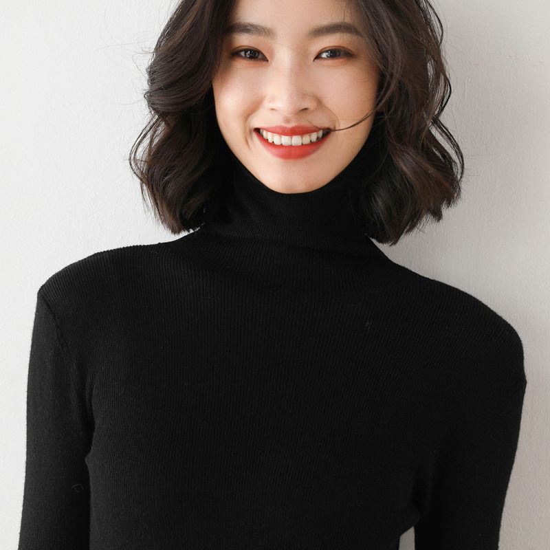 Womens Solid-color Slim-fit Knitted Bottoming Shirt