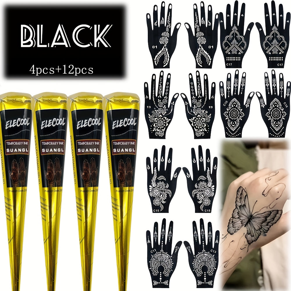 Temporary Semi‑Permanent Tattoo Paste – Brown & Black with Random Template Patterns (Waterproof, Safe & Non‑Irritating)