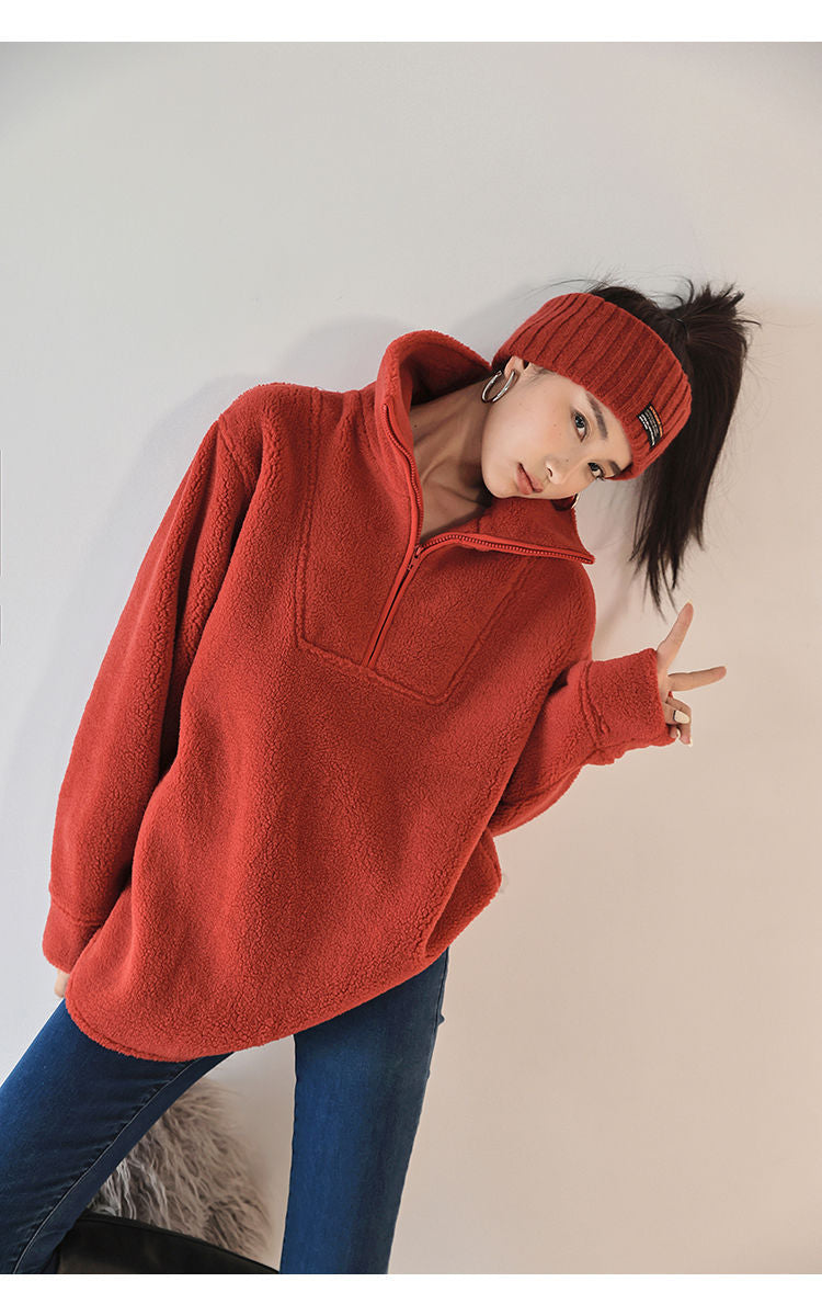 Winter Fleece-lined Zipped Stand Collar Coat Casual Loose-fitting Women's Sweater