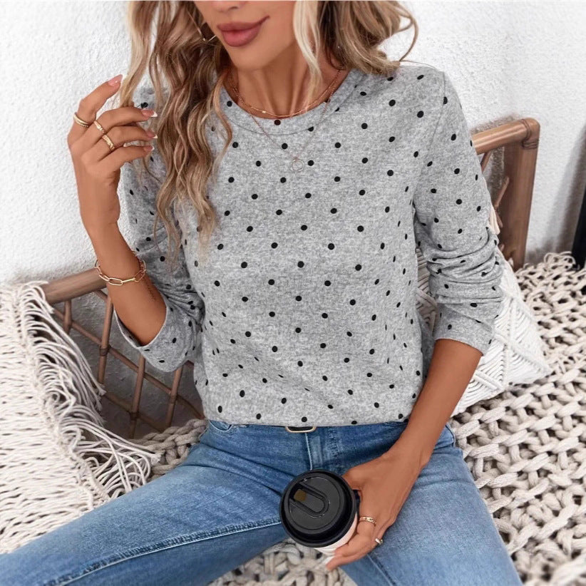 Polka Dot Long‑Sleeve Crew Neck Top – Casual Comfort