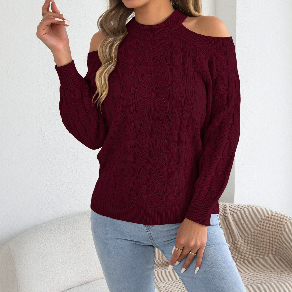 Autumnwinter Casual Solidcolor Hollowout Offshoulder Longsleeve Sweater