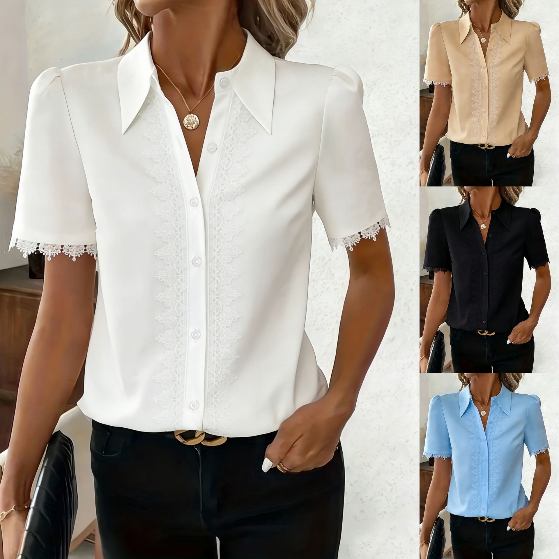 Elegant Lace-trimmed V-neck Womens Shirt Commuter Top