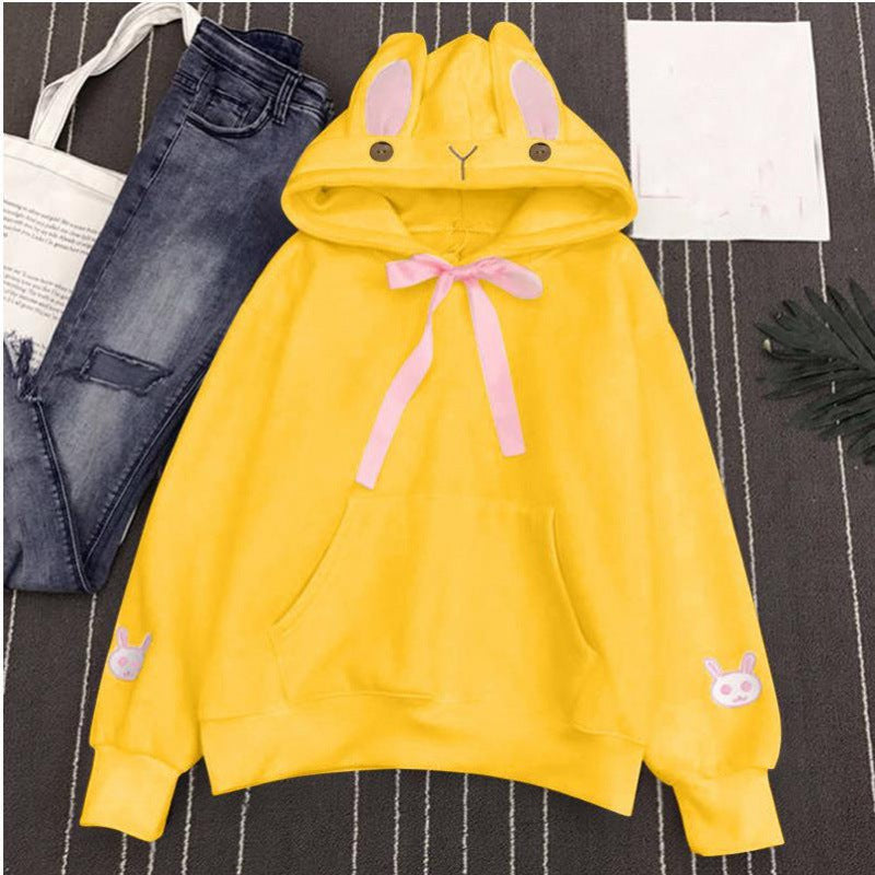 Cute Bunny Ear Embroidered Pocket Fleece Hoodie for Women