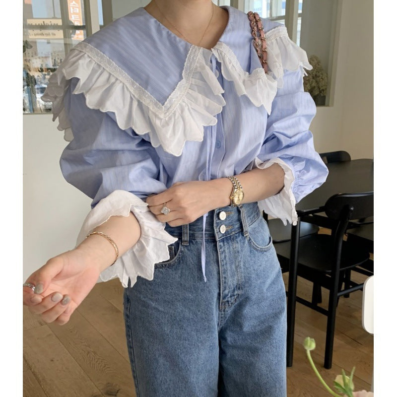 Doll Collar Lace Puff Sleeve Loose All-matching Shirt