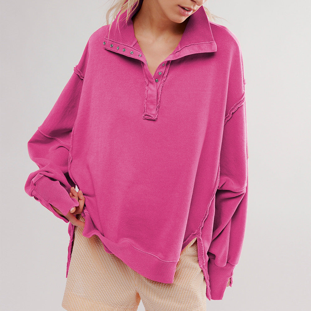 Chic Lantern Sleeve Split Lapel Pullover Sweater