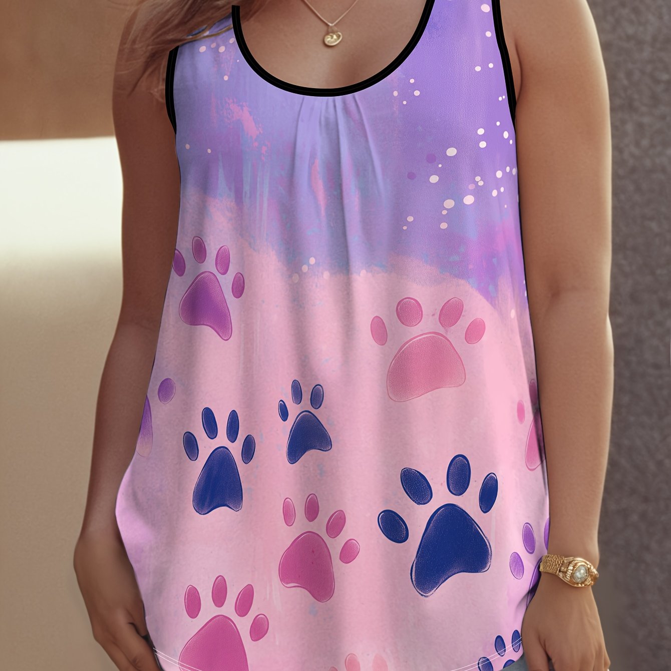 Plus Size Women's Dog Paw Print Round-Neck Casual Tank Top