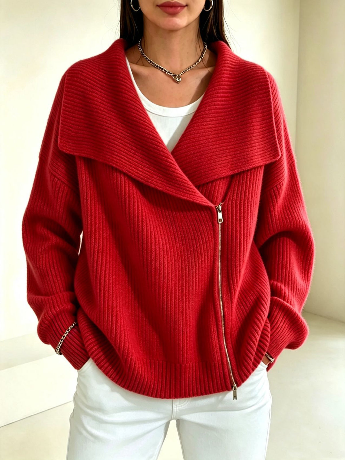 Notch-collar Double-zip Knit Cardigan Womens Top