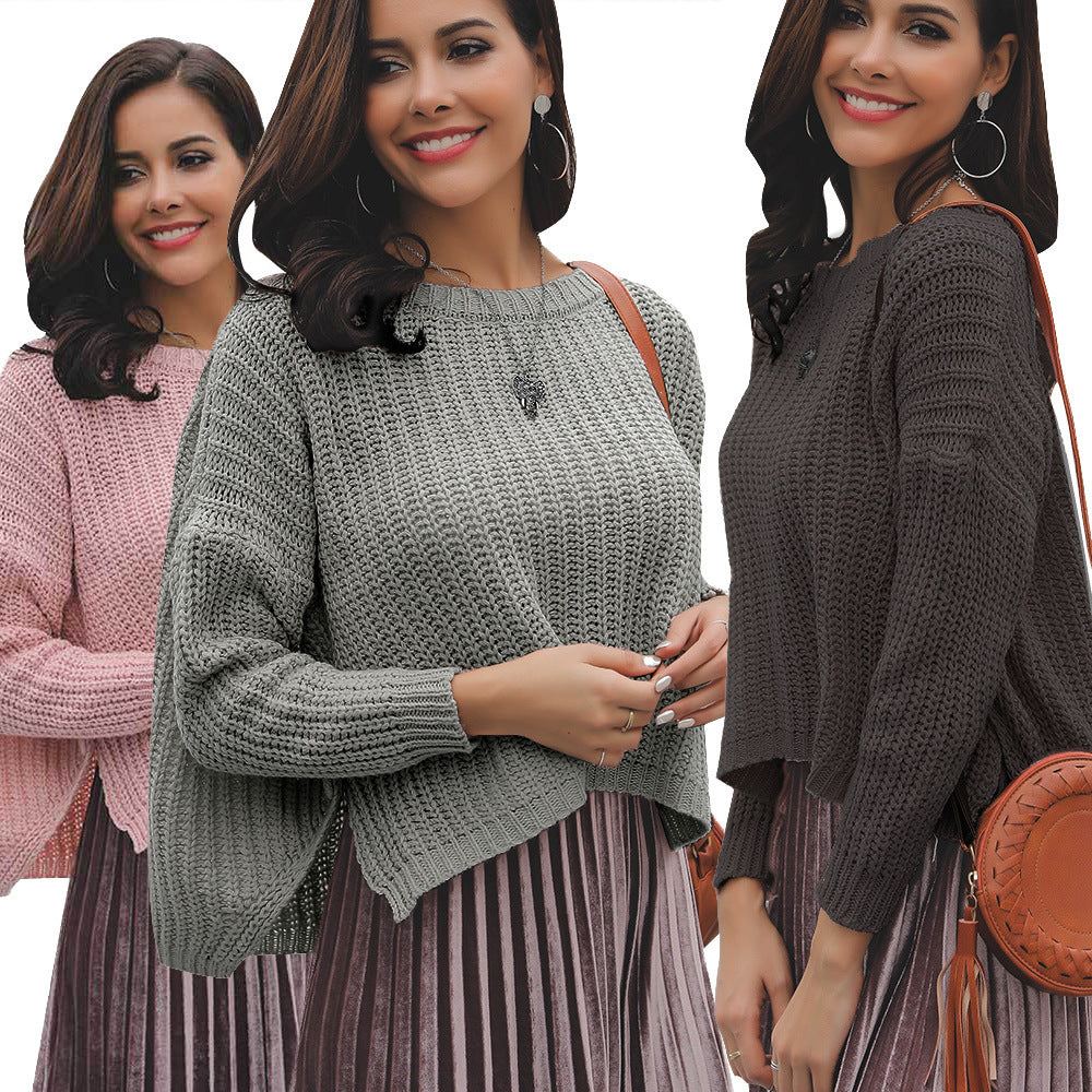 Solid-color Crew-neck Pullover Knit Sweater