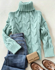 Comfortable Turtleneck Long-sleeve Sweater with a Cable-knit Pattern