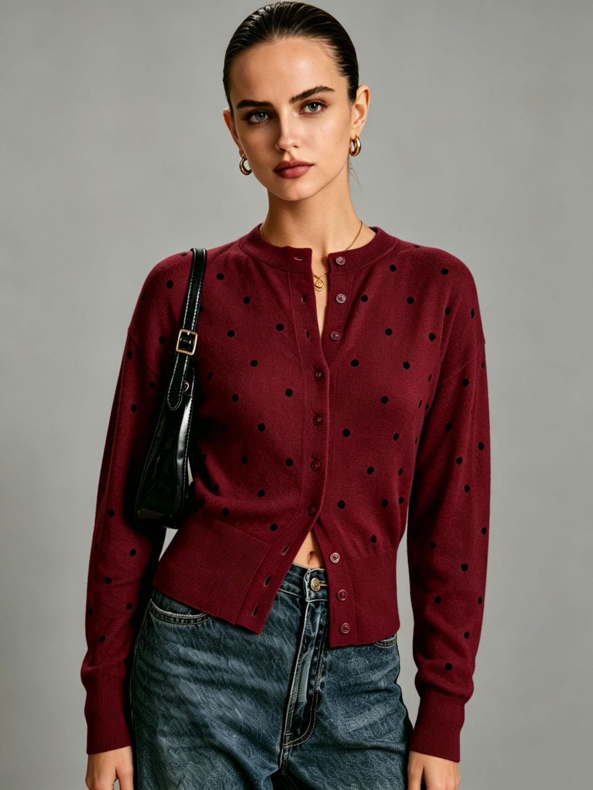 Round-neck Polka-dot Jacquard Vintage Casual Knit Cardigan