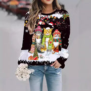 Festive Christmas Cat Print Crew Neck Pullover Sweatshirt