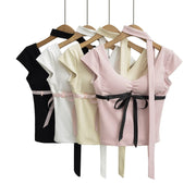 Flirty V‑Neck Lace‑Up Crop Tee – Tight Street Style Top
