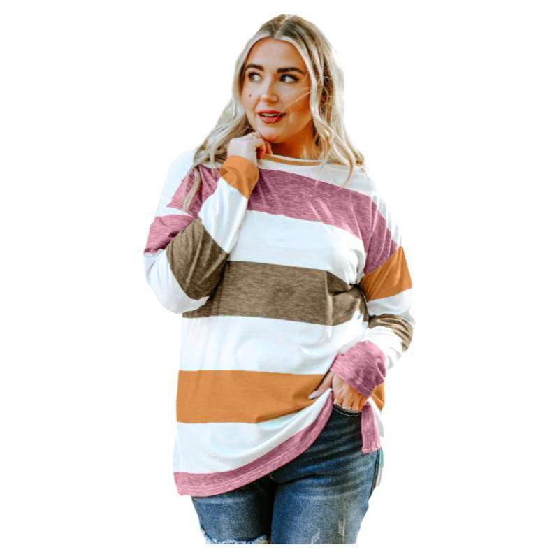 Plus Size Green Color Block Loose Long Sleeve Top