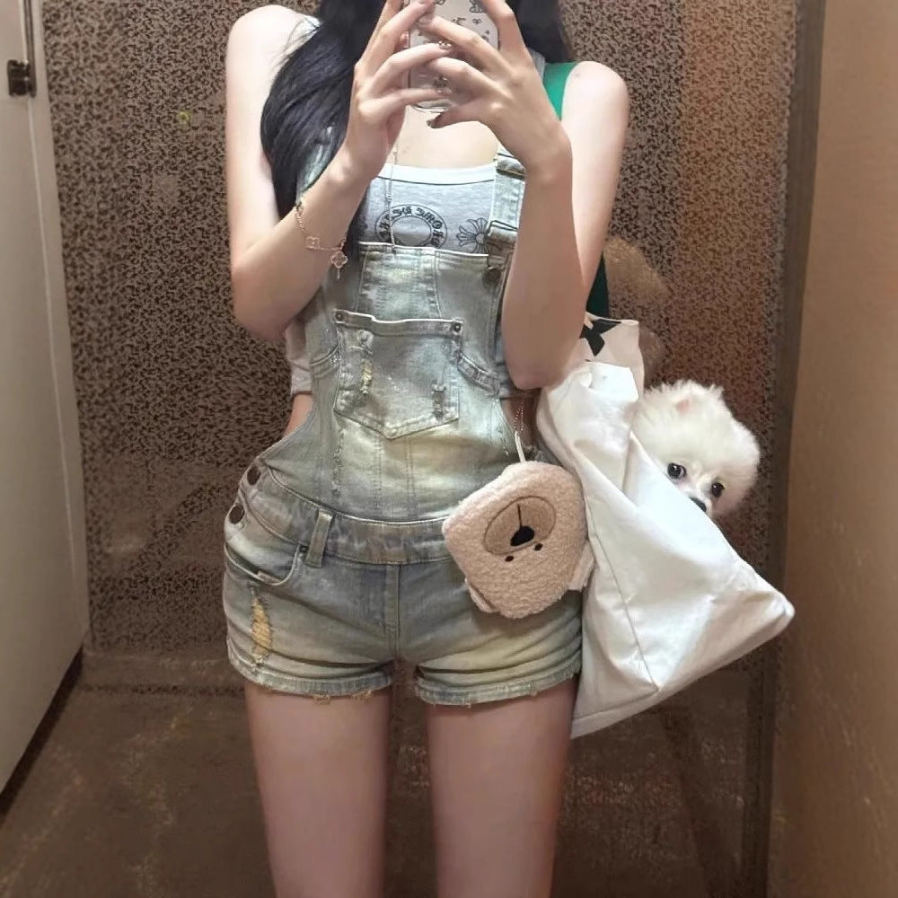 Retro Distressed Washed Ripped Denim Suspender Shorts For Women