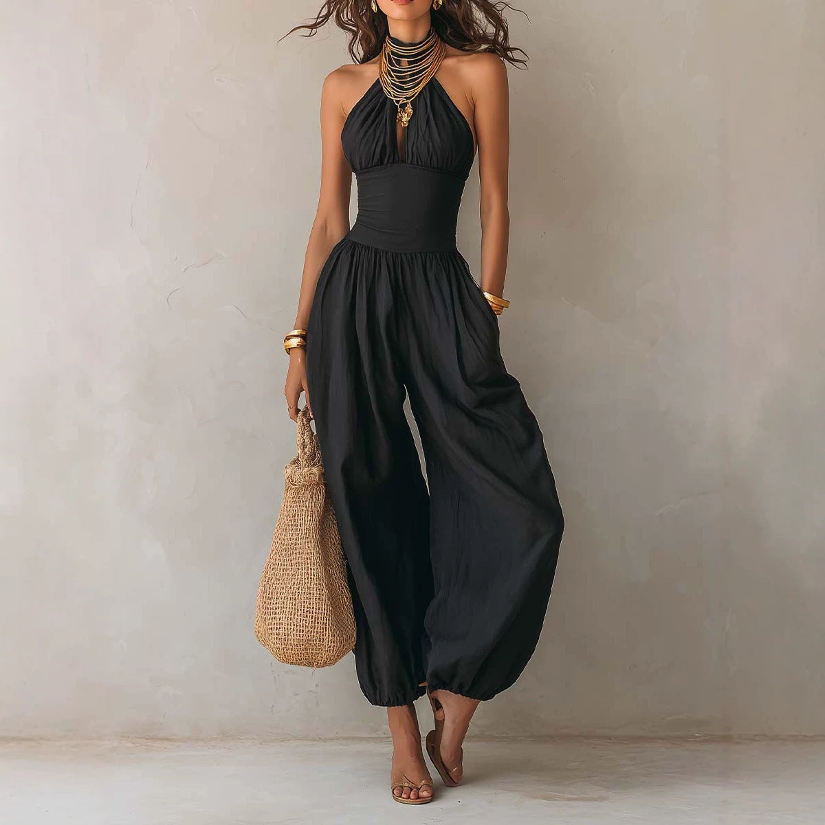 Bohemian Backless Wide-Leg Halter Jumpsuit