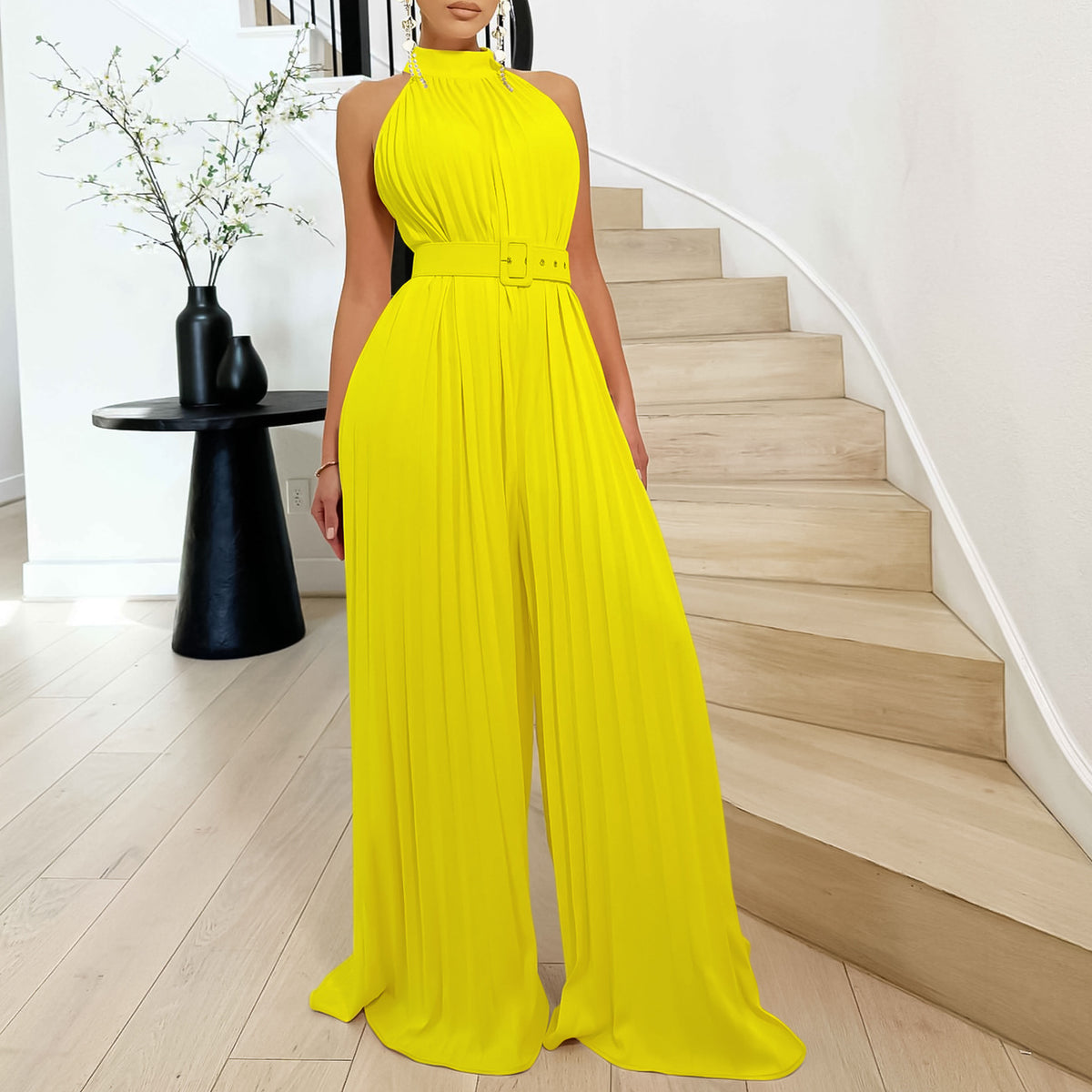 Chic Pleated Wide-Leg Sleeveless Jumpsuit with Belt
