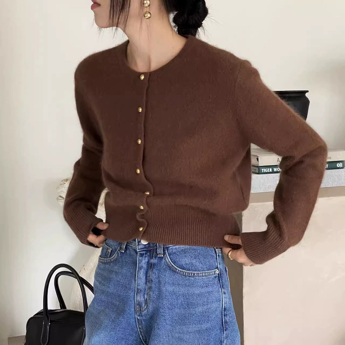 Round-neck Gold-button Wool Knit Cardigan Sweater