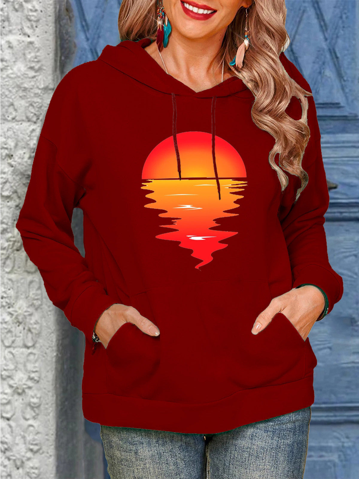 Women's Sun Print Drawstring Casual Hoodie