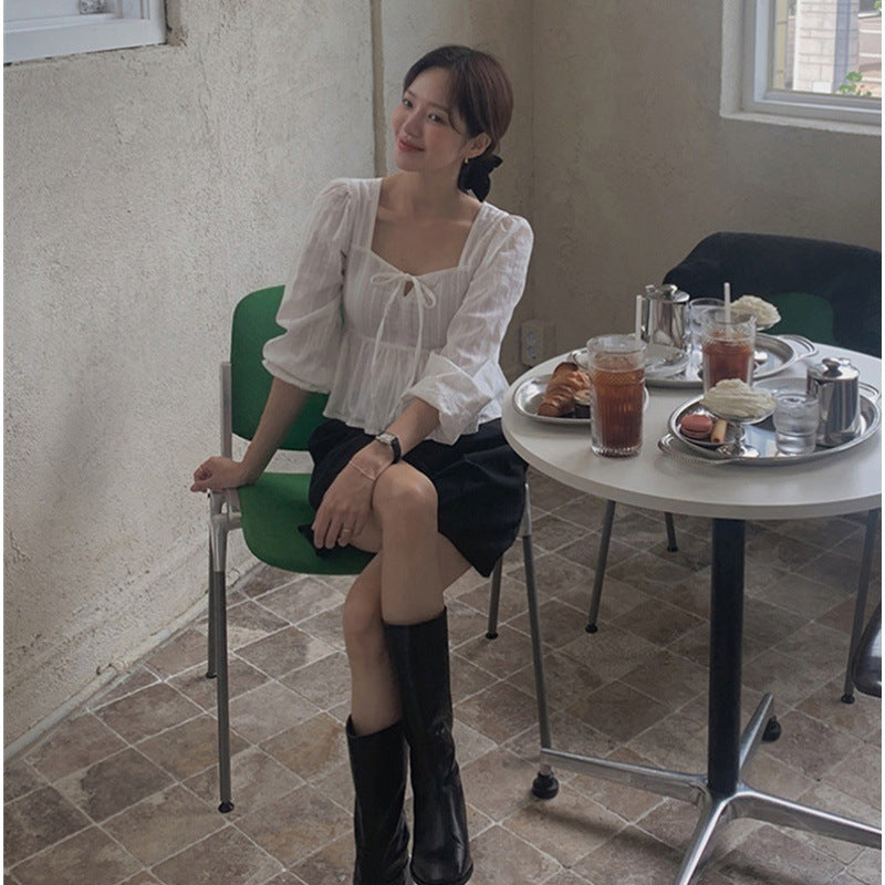 Sweet Tie-neck Square-neck Cinched Slimming Jacquard Short Long Sleeve Shirt