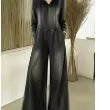 Womens Denim Printed Long-Sleeve Loose Casual Jumpsuit With Pockets