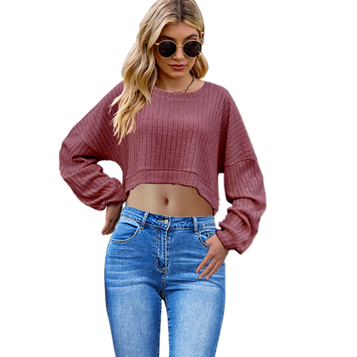 Chic Stripe Knitted Crop Top with Long Batwing Sleeves