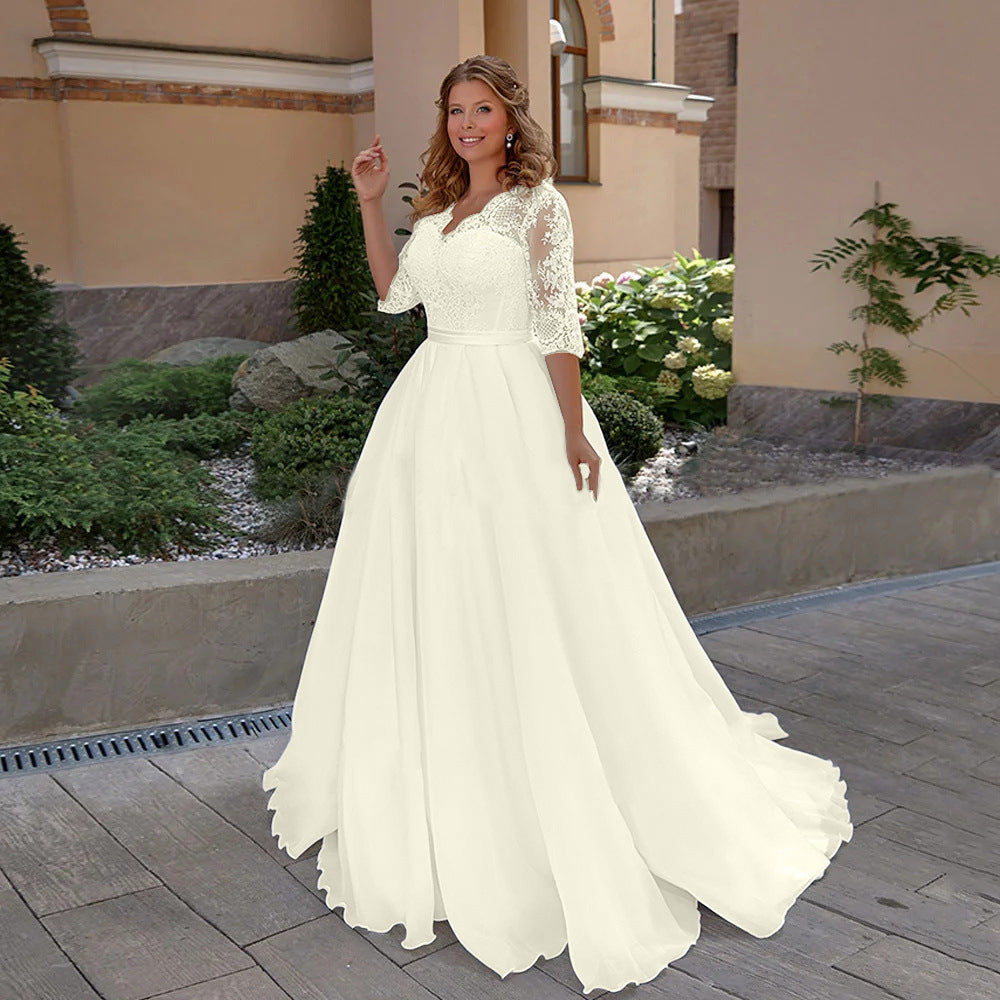 Plus-Size Lace V-Neck Wedding Dress with 3/4 Sleeves
