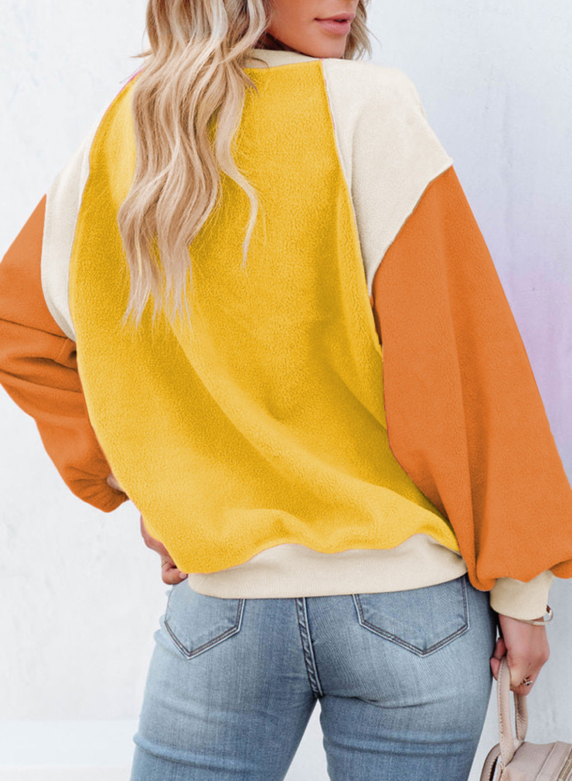 Cozy Colorblock Fleece Lantern Sleeve Pullover Top