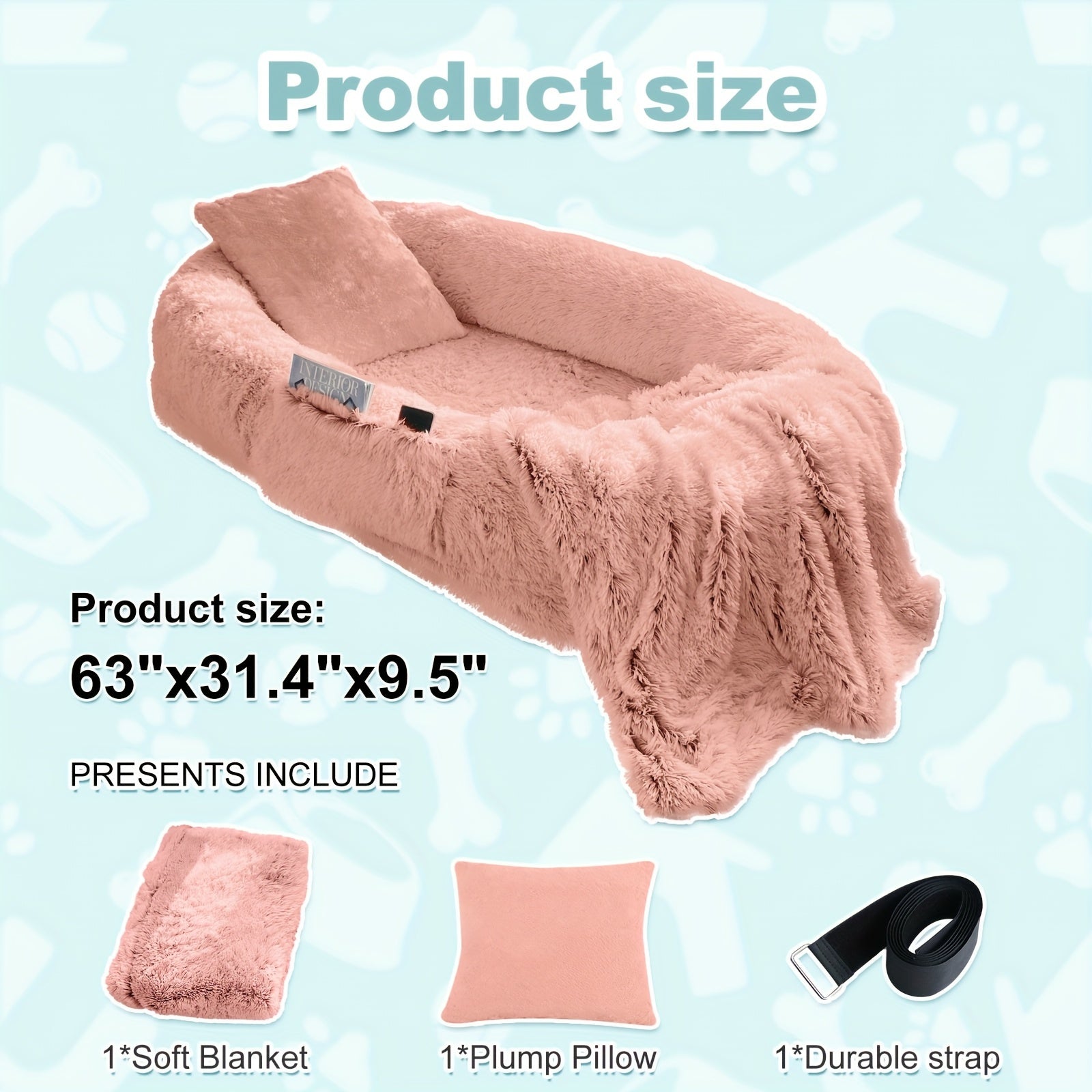 XXL Orthopedic Human-Dog Bed with Plush Pillow & Blanket - 71"x45"x12" Washable Faux Fur Bed for people & Pets, Non-Slip Base, Removable Cover - Grey Sofa Napping Couch for Large